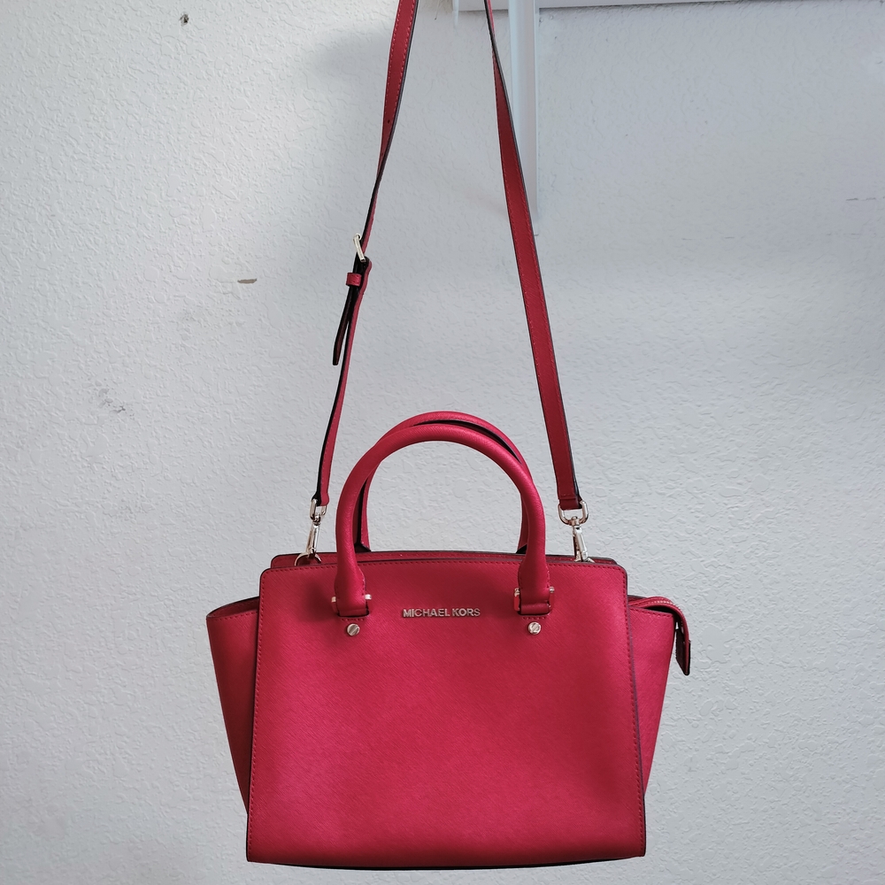 Michael Kors Selma Crossbody Satchel Bag Purse with Top Handles Chili Red